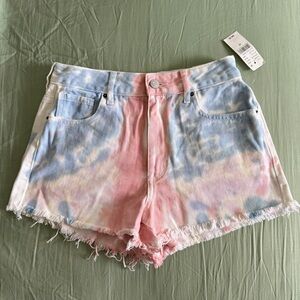 PacSun Tie Dye High Rise Festival Women's Shorts Blue Pink White Cutoff Hem